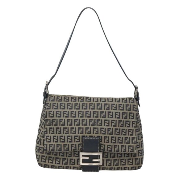 FENDI Zucchino Canvas Mamma Baguette Shoulder Bag Navy Silver Auth 125938 - Picture 1 of 15